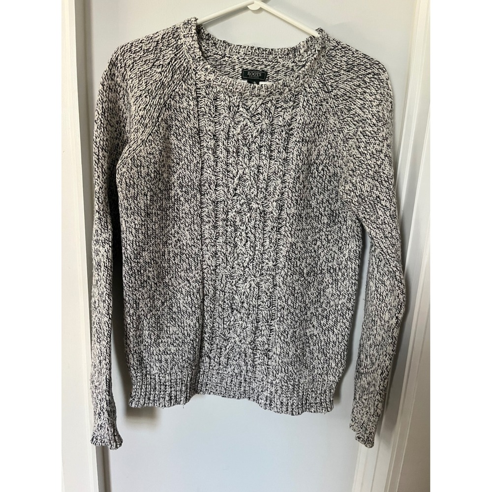 Roots Canada Marled Cable Knit Sweater Black White Crew Neck Raglan Medium